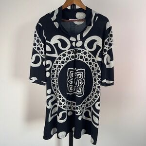 Funky People XL Black Grey Geometric Medallion Tunic Top Mock Neck 3/4 Sleeve